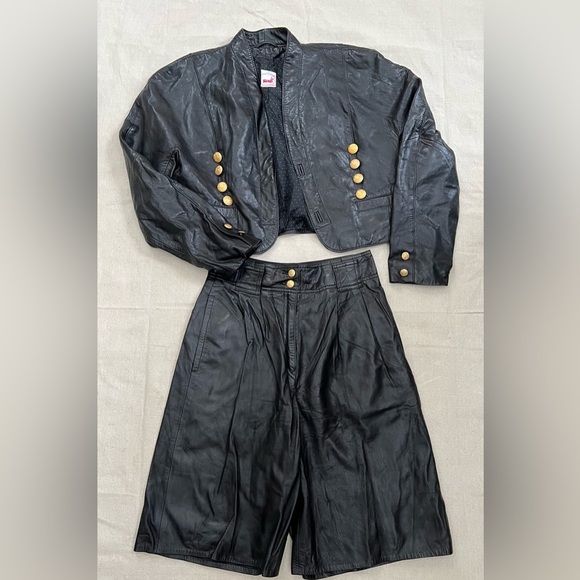 Mondi Jackets & Blazers - Vintage Mondi 80s Black Leather Jacket & Shorts Set – Gold Buttons, Size 38/36
